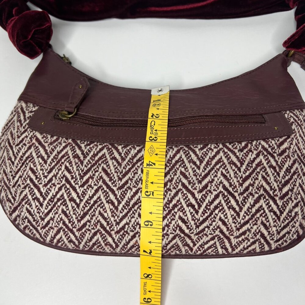 Oggi Hobo Shoulder Bag Purse Velvet Strap Burgandy Chevron Tweed 70s Boho Indie - Picture 6 of 7